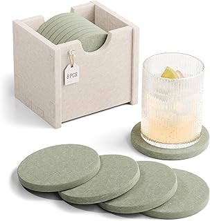 Fluxynara Felt Coasters for Drinks, Set of 8 Absorbent Coasters with Holder, Heat-Resistant & Reusable Round Design for Coffee Table & Living Room, 3.94 Inch, Sage