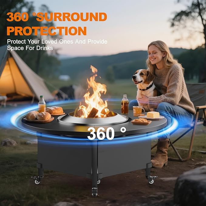 Fire Pit Surround Tabletop for Solo Stove Bonfire,Foldable Surround Table with Wheels for Safety & Easy Clean,42" Powder-Coated Steel Wood Burning Stove Surround Table Top,Accessories for Solo Stove