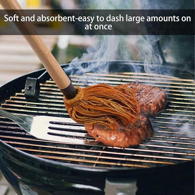 BBQ Mop Brushes for Sauce, Grill Basting Mop Wooden Long Handle BBQ Mop with 4 Extra Replacement Heads Perfect for BBQ Grilling Smoking Steak Marinade or Glazing (18 Inch)