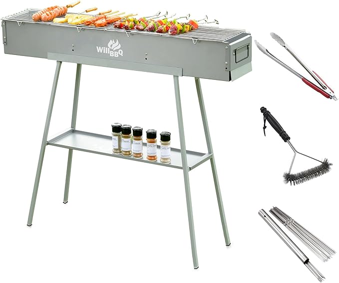 WILLBBQ Charcoal Grills Commercial Quality Portable Hibachi BBQ Lamb Skewer Detachable‌ Camping Barbecue Grill for Backyard Outdoor Cooking Use(39.4x7.1x5.1 inch With Accessories)