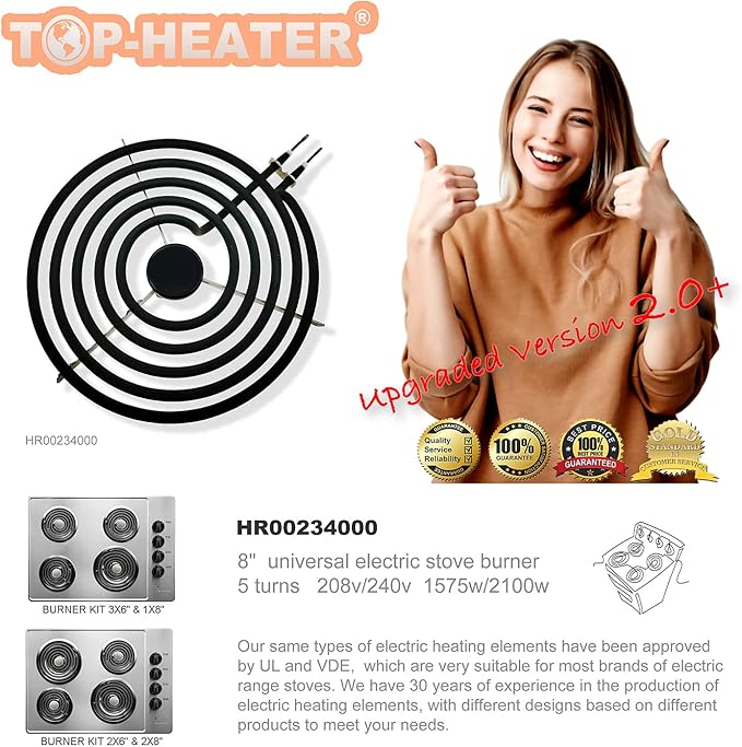 MP21YA Electric Stove Burners Replacement,Upgraded TOP-HEATER 234000 8" Electric Range Burner Element Unit Set For Whirlpool Norge,Fit MP22YA Range Stove Burner Top Surface Element,2Pack