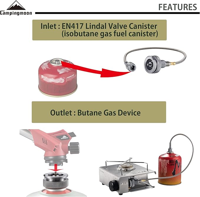 camping moon Camping Gas Stove Adapter, Input: EN417 Lindal Valve Canister, Output: Butane Gas Stove Z13M