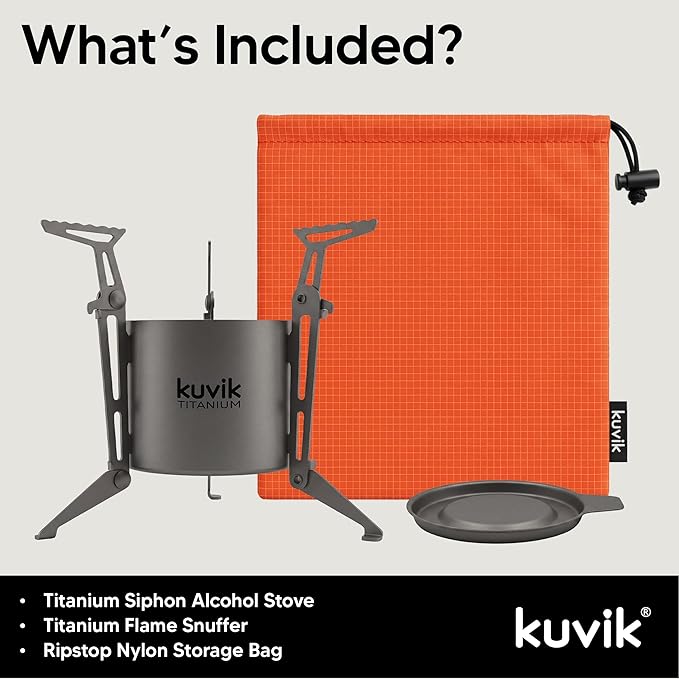 Kuvik Titanium Siphon Alcohol Stove with Folding Legs - Ultralight and Compact Stove for Backpacking, Camping, and Survival