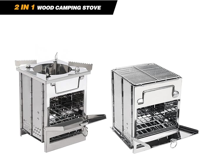 Large Portable Camping Wood Stove for Cooking, 304 Stainless Steel Folding Lightweight Wood Burning Stove with Grid and Pot Stand for Outdoor Camping Hiking Backpacking BBQ Picnic