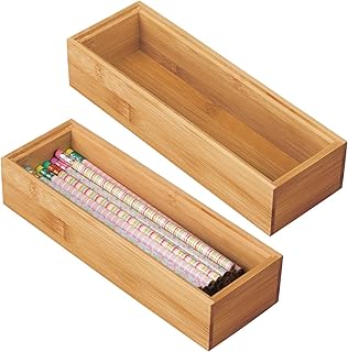 mDesign Wooden Bamboo Office Drawer Organizer Box Tray, Stackable Storage for Drawers, Cabinets, Shelves, Cubby, or Desktop, Hold Pens, Pencils, Supplies, Echo Collection, 2 Pack, Natural Wood Finish