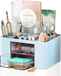 Cayxenful Pencil Pen Holder for Desk,2 Drawer Desk Organizers,5 Compartments Desktop Storage Stationery Supplies Organizer, Cute Pencil Cup Pot For Office, School, Home(Blue)