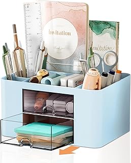 Cayxenful Pencil Pen Holder for Desk,2 Drawer Desk Organizers,5 Compartments Desktop Storage Stationery Supplies Organizer, Cute Pencil Cup Pot For Office, School, Home(Blue)