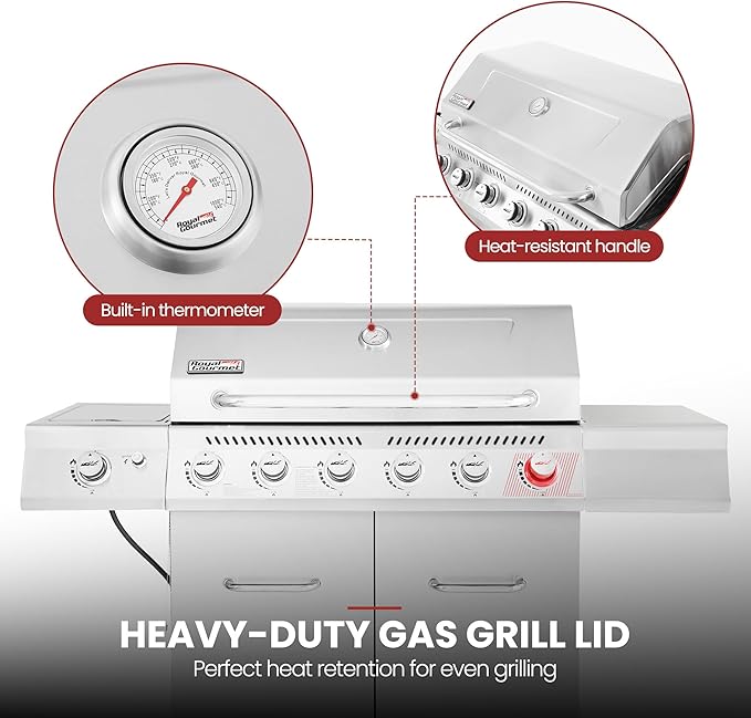 Royal Gourmet GA6402S 6-Burner Propane Gas Grill with Side Burner and Warming Rack, 74,000 BTUs, Cabinet Style Outdoor BBQ Grill for Barbecue Grilling & Backyard Cooking, Silver