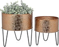 MyGift Modern Hammered Copper Tone Planter Pot, 8 and 10 Inch Metal Round Plant Container with Matte Black Wire Stand, Set of 2 - Handcrafted in India