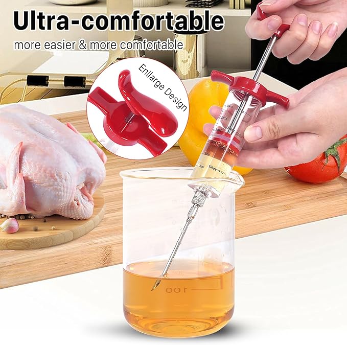Turkey Injector Syringe - 3 Marinade Injector Needles, Meat Injector Syringe 1OZ, Portable Meat Injector Kit with Black BBQ Brush & Cleaning Brush for Smoked BBQ Grill, Food Syringe with 5-Hole Needle