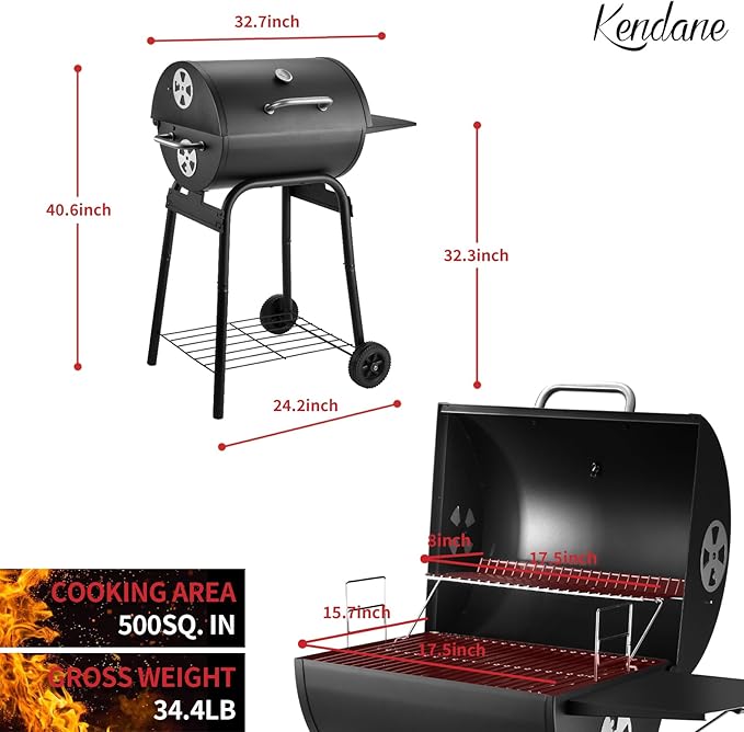 Kendane Barrel Charcoal Grill, Large Charcoal Grills with Side Shelf, Outdoor BBQ Grill,Perfect for Backyard Camping, Patio Parties, and Picnics