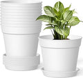 10 Pack 6 Inch Plant Pots with Drainage and Saucers, White Plastic Flower Pots for Indoor and Outdoor Plants, Stackable Nursery Planters for Houseplants and Herbs, White