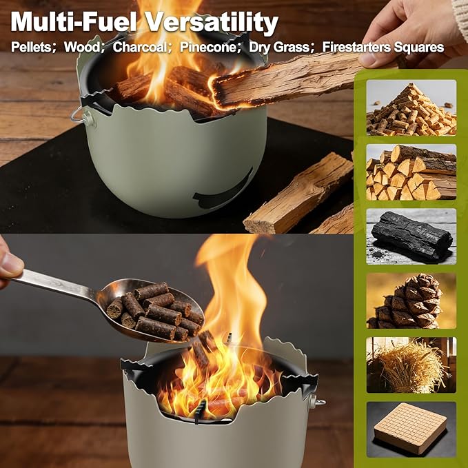 Backpacking and Camping Stove, Portable Stainless Steel Wood Burning Stove, Tabletop Fire Pit with Travel Bag, Resistant to Heat, Bending, Dropping for Outdoor, Hiking, Picnic - Sage Green