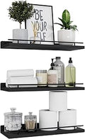 WOPITUES Floating Shelves with Black Metal Guardrail, Shelves for Wall Decor Set of 3, Wall Shelves for Bedroom, Bathroom, Kitchen, Living Room, Plants, Picture Frames, Art- Black
