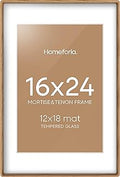 Homeforia 16 x 24 Frame Natural Wood, Mortise & Tenon Light Oak 16x24 Picture Frames with Mat 12x18 for Wall, 16by24 Wooden Photo Frames Matted to 12 by 18 inch Art, Tempered Glass, Wall Kit, Set of 1