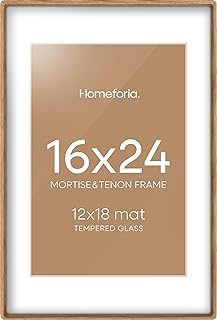 Homeforia 16 x 24 Frame Natural Wood, Mortise & Tenon Light Oak 16x24 Picture Frames with Mat 12x18 for Wall, 16by24 Wooden Photo Frames Matted to 12 by 18 inch Art, Tempered Glass, Wall Kit, Set of 1