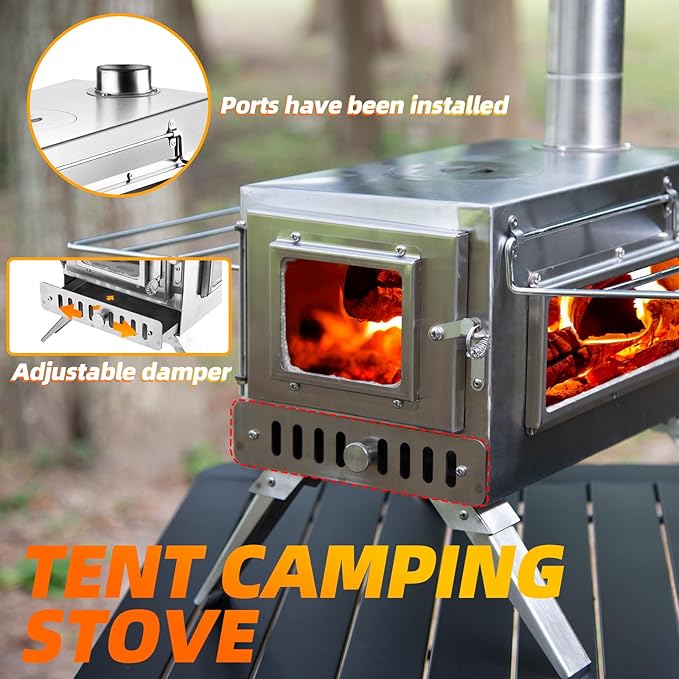 Hot Tent Stove, AVOFOREST 304 Stainless Wood Burning Stove, Portable Wood Stove with 6 Stainless Chimney Pipes for Outdoor Heating & Cooking, Ice Fishing, Hunting