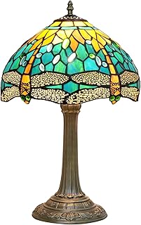 Tiffany Lamp Green Dragonfly Style Stained Glass Lamps Teal Bedroom Bedside Table Lamp for Dorm Office Art Craft Antique Decor Accent Aesthetic Nightstand Retro Metal Reading Lamps 12 inch