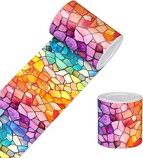 HOMETITUTE Wallpaper Border Peel and Stick Wall Border Rainbow Mosaic Glass Pattern Decorative Wall Trim Self Adhesive Border for Walls Mirror Frame Accent Strip for Bedroom Living Room 4x196 Inch