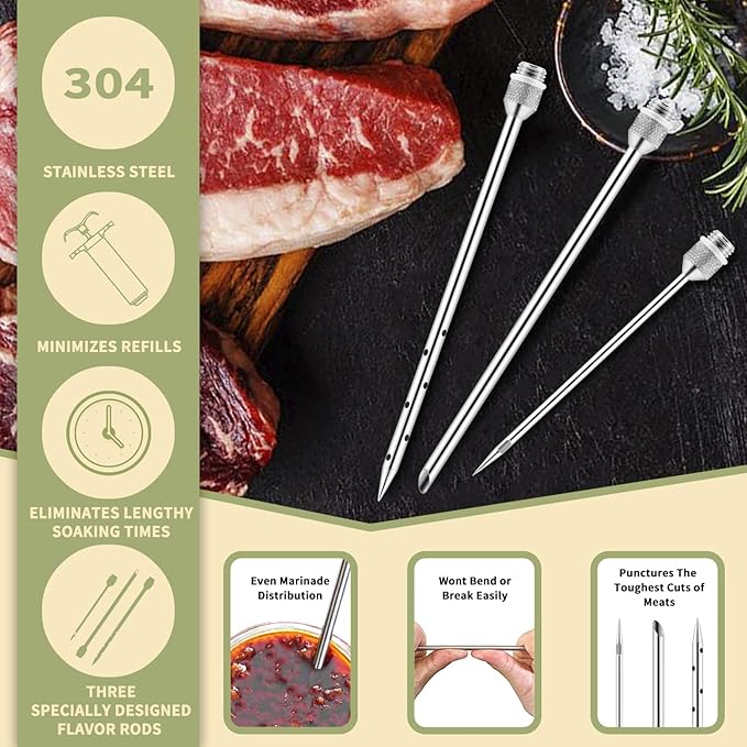 Meat Injector Syringe 2-oz Marinade Flavor Barrel 304 Stainless Steel with 3 Marinade Needles, Travel Case for BBQ Grill Smoker, Turkey, Brisket, Paper Instruction and E-book Included by JY COOKMENT