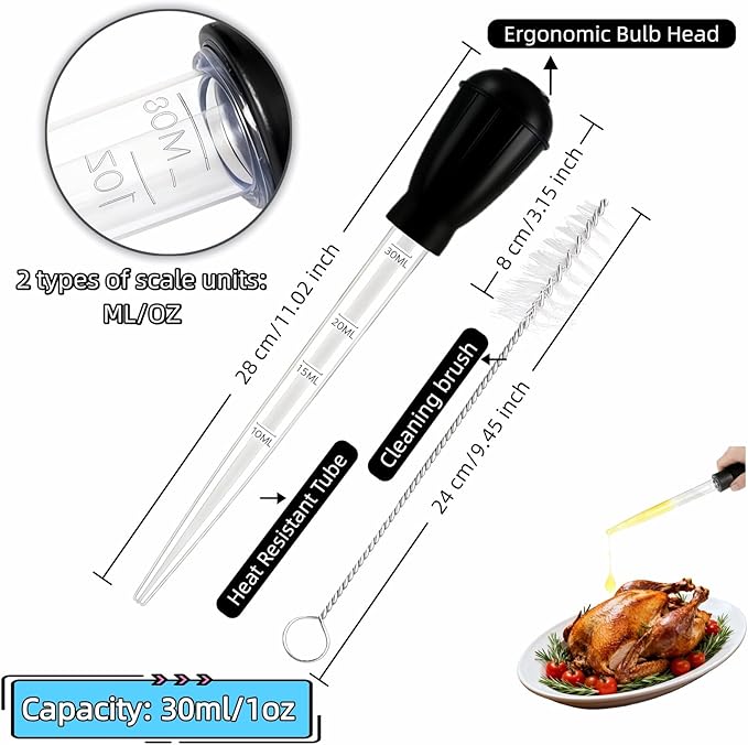 Professional Kitchen Marinade Injector, 30ml Food-Grade Heat-Resistant Meat Syringe with Cleaning Brush, Clear Scale Markings, Non-Slip Grip for Juicy Turkey, Poultry, Beef (Black(Large))