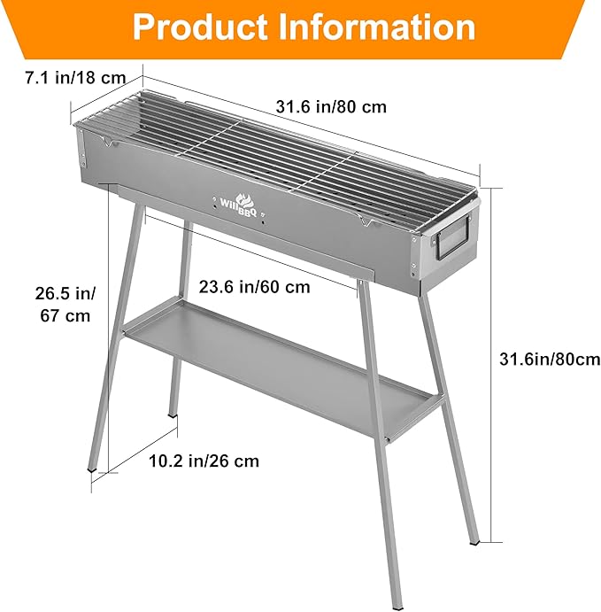 WILLBBQ Charcoal Grills Commercial Quality Portable Hibachi BBQ Lamb Skewer Detachable‌ Camping Barbecue Grill for Backyard Outdoor Cooking Use(31.6x7.1x5.1 inch With Accessories)