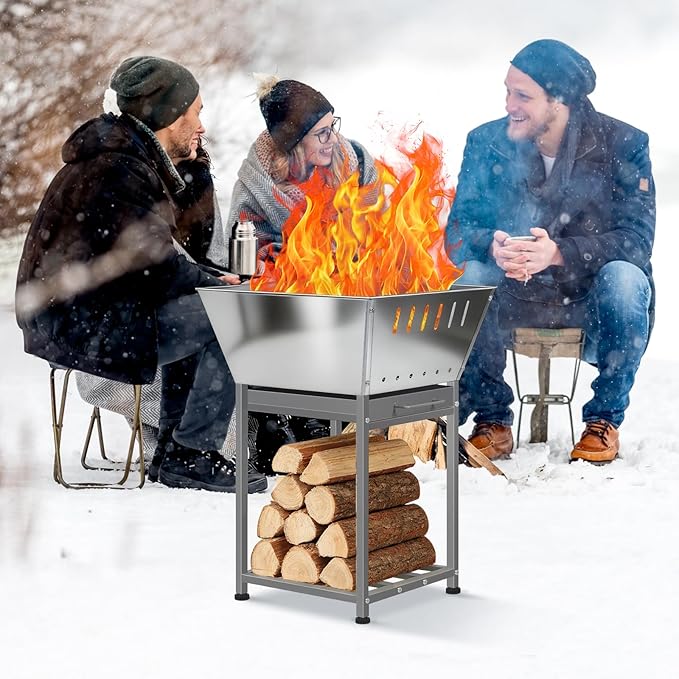 Stainless Steel Square Wood Fire Pit with Grill, 2-in-1 Outdoor Firepit with Ash Pan and Wood Storage, Portable for Backyard, Patio, Camping Use