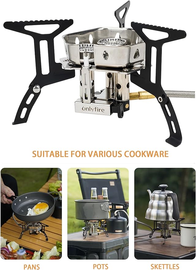 ONLYFIRE OUTDOOR LIVING Portable Camping Stove with 1LB Propane Gas Adapter, Backpacking Stove Piezo Ignition, Mini Camp Stoves with Carry Bag for Outdoor Cooking Picnic Hiking Emergency, 6800W, GS334