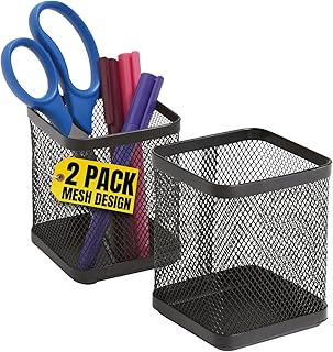 1InTheOffice Pen Cup Holder, Metal Mesh Pencil Cup Holder, Stackable Wire Mesh Regular Pencil Holder, Matte Black 2 Pack