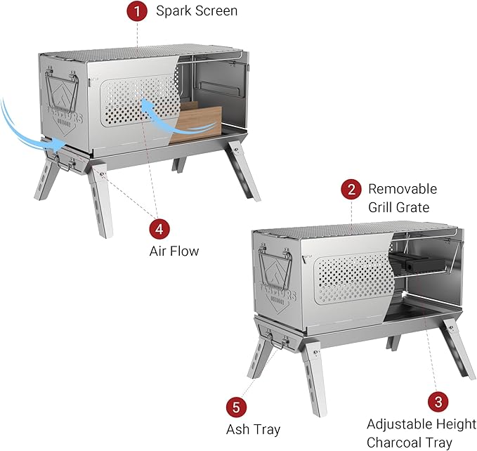 20-Inch Smokeless Fire Pits for Outdoor - Portable & Easy to Assemble - Stainless Steel FirePit with Grill, Removable Ash Pan & Carry Bag. Ideal for Camping Backyard, Patio Garden Picnic BBQ