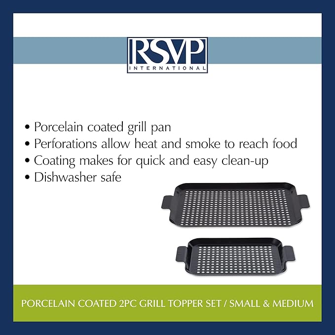 RSVP International Porcelain Coated Steel BBQ Grill Tray/Pan, Outdoor Barbeque Grilling Accessories for Cooking Fish & Vegetables, Dishwasher Safe, Small, 13x7.25/Medium, 16.75x10"