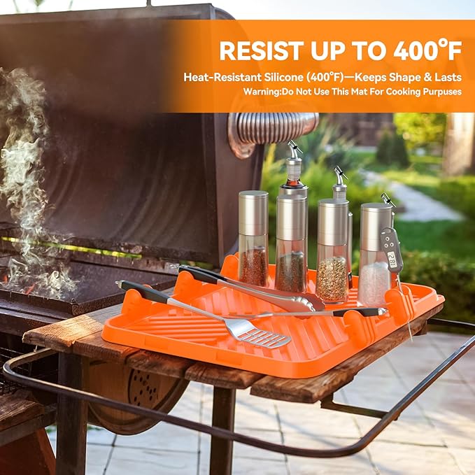 Silicone Griddle Tool Mat for Blackstone Side Shelf with 5 Removable Silicone Grill Tools Holders–Spatula Holders & Utensil Rests with Thermometer Slots, Drain Mat for BBQ Accessories Orange 12x16Inch