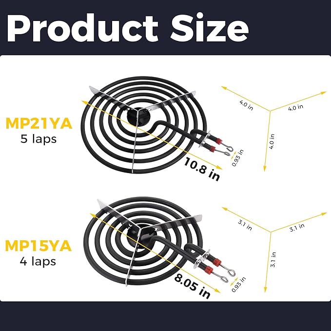 2026 Upgraded MP22YA Electric Range Burner Element 2 pcs MP15YA 6" and 2 pcs MP21YA 8" 4 Pack Unit Set Stove Burners Replacement for Whirlp00l Hard-wick Ken-more Ma-tag Electric Range Stove by Romalon