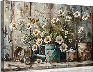 Rustic Farmhouse Daisy Canvas Wall art Vintage Country White Daisy Picture Wall Decor Neutral Still Life Flower Botanical Painting Artwork for Farmhouse Bedroom Bathroom Home Decoration 12x16in