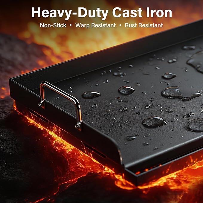 25" x 16" Cast Iron Flat Top Griddle - 23lb Heavy Duty - Oil Coating Non-Toxic - High Sidewalls Universal Grill Insert Fits Gas/Charcoal/Electric Grills for Weber Charbroil Nexgrill