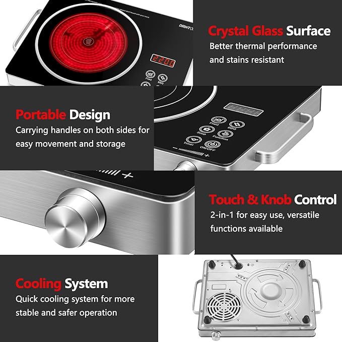 Electric Cooktop Hot Plate, 2200W 110V Electric Single Burner with 2H Timer, Adjustable Temperature for Countertop Cooking, Portable Stove Top Infrared Cooker, Compatible for All Cookwares