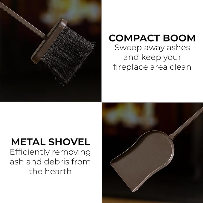Plow & Hearth 5 Piece Hand Forged Iron Fireplace Tool Set 27.5" | Bronze Wrought Iron Handle for Outdoor Indoor | Stand Poker Shovel Brush Log Tongs Wood Stove Accessory