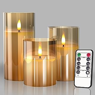 Tyawon Glass Battery Operated LED Flameless Candles with Remote and Timer, Real Wax Candles Warm Color Flickering Light for Festival Wedding Home Party Decor(Pack of 3)-Gold