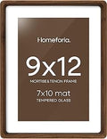 Homeforia 9x12 Picture Frame Brown Wood, Mortise & Tenon Walnut 9 x 12 Photo Frames with Mat 7 x 10 for Wall or Tabletop, Dark Wooden Frames 12x9 Matted to 7x10 Art, Tempered Glass, Wall Kit, Set of 1