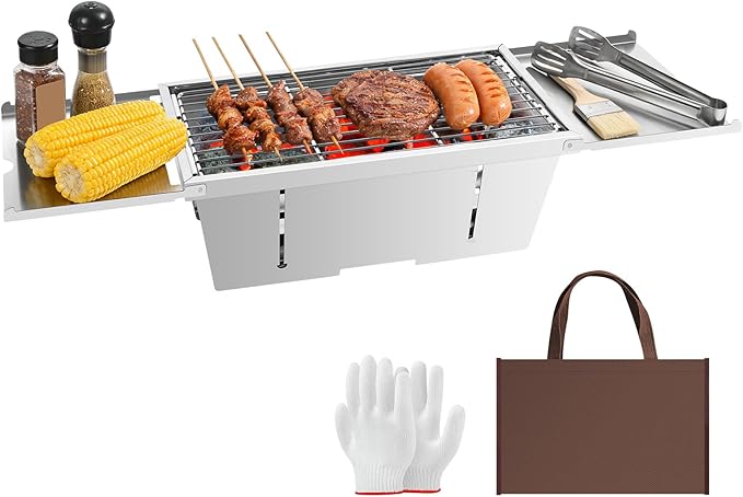 Portable Grill, Uten Stainless Steel Foldable Charcoal Grills with Condiment Plates, Carry Bag, Lightweight & Heat Resistant, for Camping, Tailgating, Beach BBQ (15.3" x 8.7")