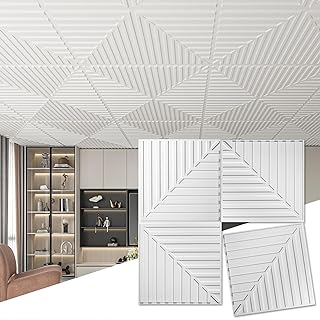 Art3d 12-Pack Drop Ceiling Tiles 2x2 FT, PVC 3D Textured Panels for Interior Wall Decor Living Room Bedroom Office, 24x24 Inch, White