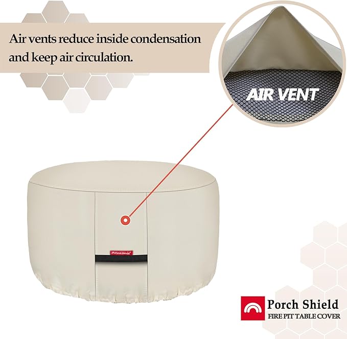 Porch Shield Fire Pit Cover - Waterproof 600D Heavy Duty Fade Resistant Round Patio Fire Bowl Cover Beige - 48 inch