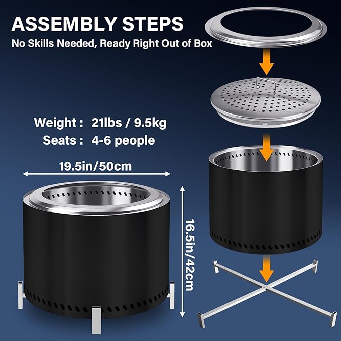 HGD 19.5" Smokeless Firepit with Stand, Stainless Steel Wood Burning Fire Pit for Friends & Family Gatherings, Secondary Combustion Outdoor Patio Stove for Garden BBQ & Bonfire (Black)