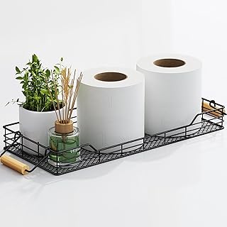 VITVITI Metal Toilet Paper Basket Storage, Bathroom Toilet Tank Tray with Bamboo Handle Countertop, Back of Toilets Tray Basket for Vanity Kitchen Counter Decor, Black