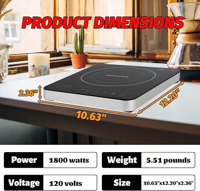 Portable Single Induction Cooktop Hot Plate Countertop Burner Cooker 1 Burner, 1800W, 9 Power Levels, 10 Temp Levels, Timer, Auto-Shut-Off, Touch Panel, LED Display, Child Lock, Black