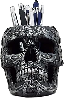 Ebros Gift Tribal Tattoo Floral Skull Pen Holder Figurine 5.75" L Office Desktop Ossuary Skulls Decor Cranium Skeleton Head Stationery Holder As Halloween Macabre Graveyard Spooky Decorative Statue