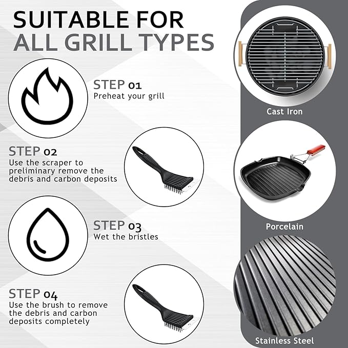 Sliner 6 Pcs 8 Inch Grill Brush with Scrap Black Scrubbing Stainless Steel Wire Grill Cleaner Brush BBQ Accessories for Indoor Outdoor Grate Remove Grease Burnt Food