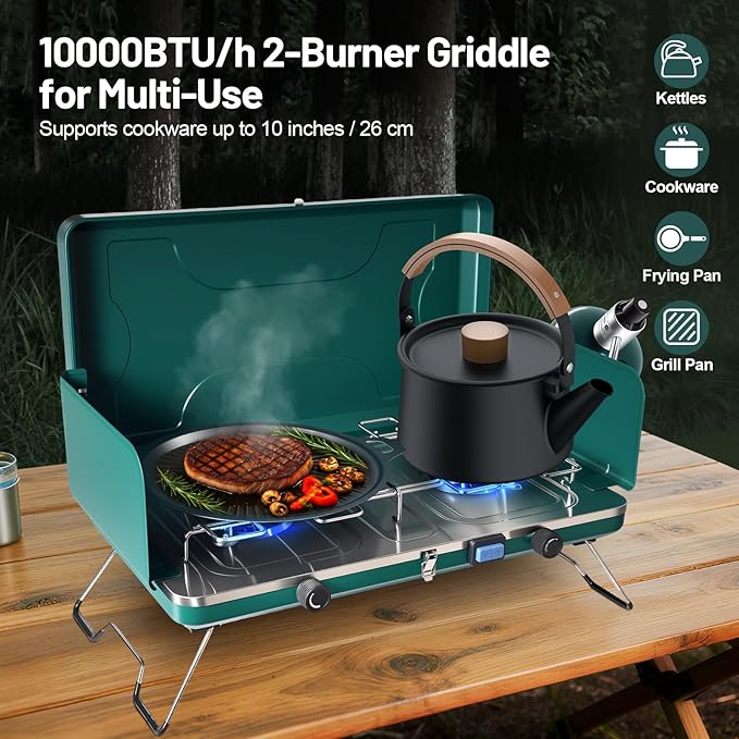 2 Burner Propane Stove, 20000BTU Portable Camping Stove with 2 Adjustable Burner and Wind Guards, Camping Cooktop with Ignition & Griddle for Camping,Tailgating, BBQ, Grilling,Outdoor Gear