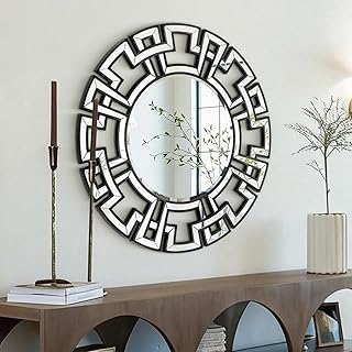 Chende Black Mirrors for Living Room Decor, 32'' Large Round Mirror for Bathroom Vanity with Beveled Edge Glass, Modern Accent Mirror for Dining Room, Entryway, Bedroom, Fireplace