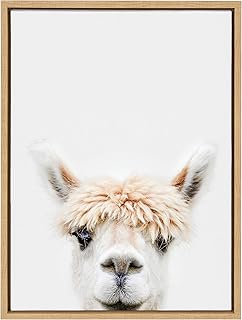 Kate and Laurel Sylvie Alpaca Bangs Framed Canvas Wall Art by Amy Peterson Art Studio; 18x24 Natural; Decorative Adorable Animal Art for Wall